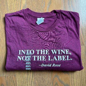 NEW! Schitt's Creek, David Rose t-shirt, "Into the wine, not the label",  Large